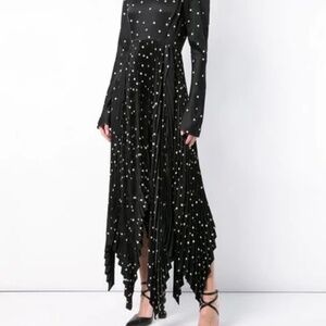 KHAITE Greta Asymmetric Pleated Polka-dot Satin Midi Dress